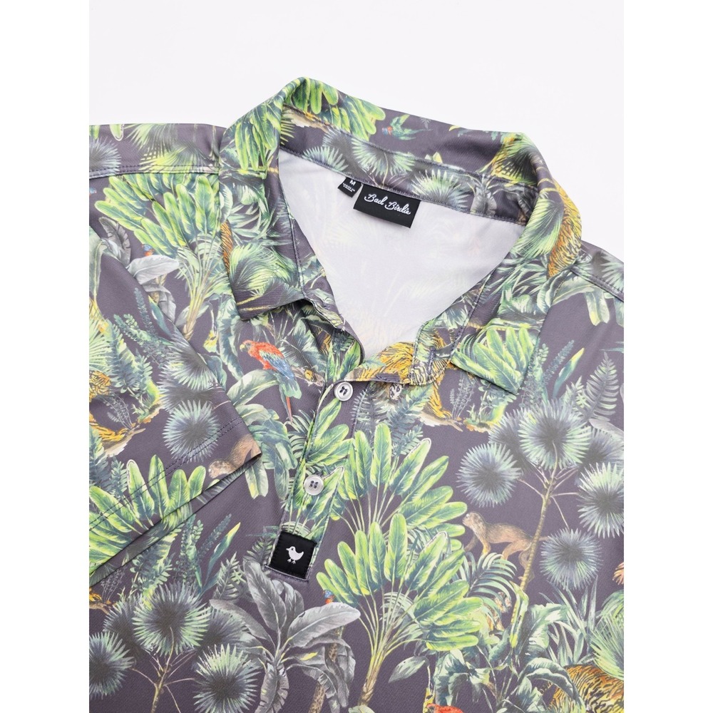 Bad Birdie Men's Medium Golf Performance‎ Polo Shirt Jungle Print Tiger Parrott